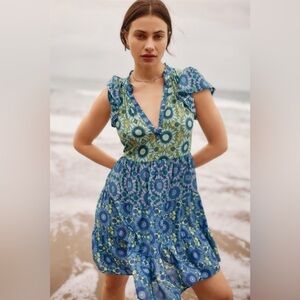 Anthropologie Blue and Green Floral Midi Dress size small